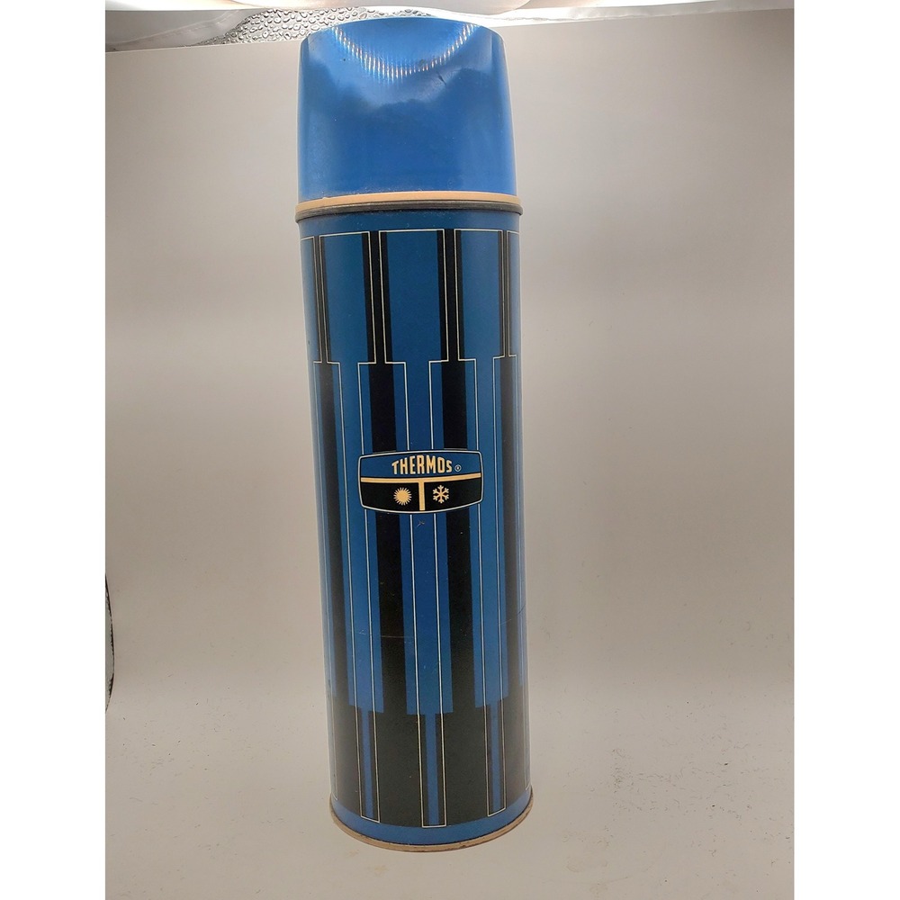 Vintage Thermos Vacuum Bottle Blue Black Striped Insulated Hot Cold 24F 1 Quart